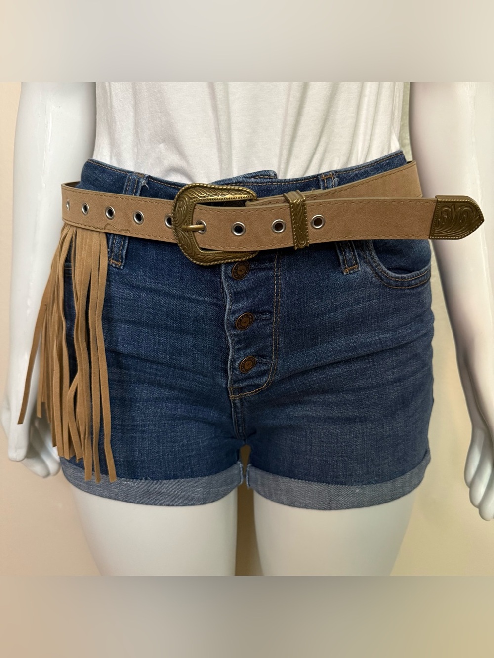 Beige PU suede leather fringe details with old gold tone buckle
